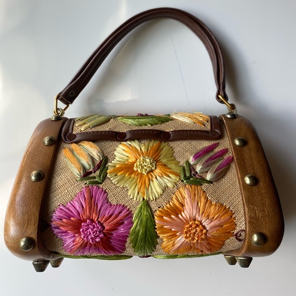 SOLD - Vintage Boho Raffia Woven Straw Floral Wooden Box Bag Purse Cabana - Picture 3 of 13